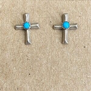 Sterling Silver Turquoise Cross Stud Earrings Southwestern Religious Jewelry